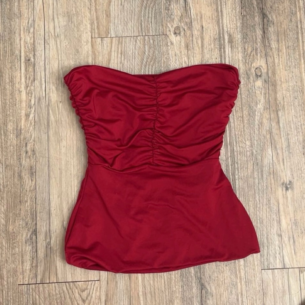 red / burgundy strapless top